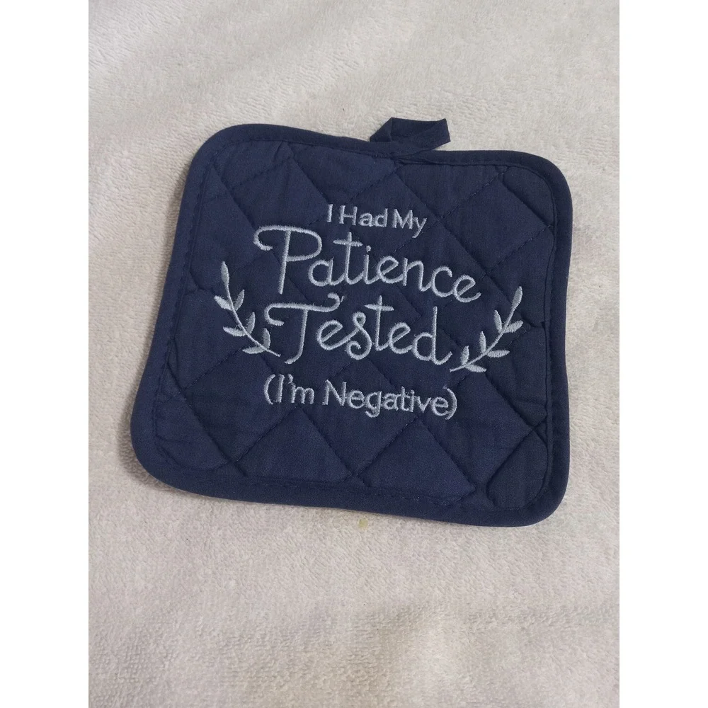 Quilted Potholder Set of 6 Funny Embroidered‎ Sayings Kitchen Decor Navy Blue